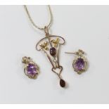 A 9ct gold Art Nouveau style amethyst and seed pearl set pendant, on gilt chain and a pair of gilt