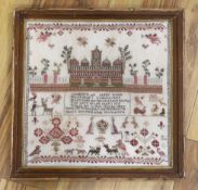A 19th century sampler worked by Susey Greenwoods, embroidered with a church and religious verse,