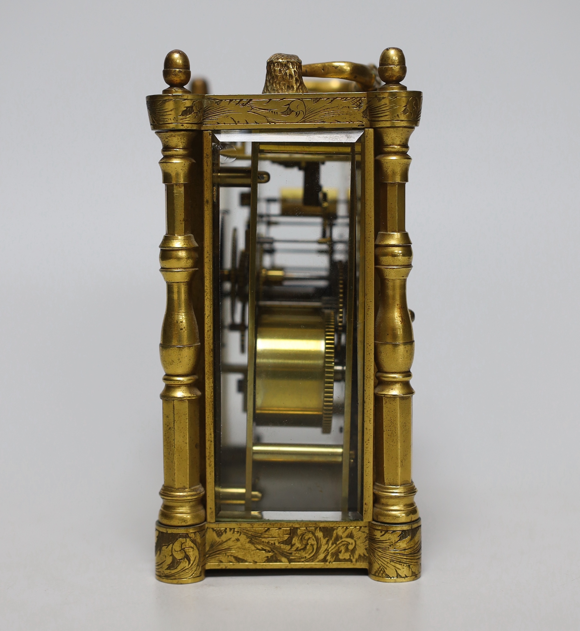 A mid 19th century French engraved gilt brass carriage clock, with tooled leather case, 16cm high - Image 2 of 6