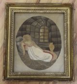 A framed Georgian wool and silk picture of a recumbent lady