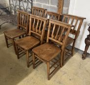 A set of six Victorian elm and beech lathe back chapel chairs, width 35cm, height 82cm