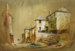 Jack R. Mould (1928-1998), impasto oil on canvas, Cottages before a harbour, signed, 90 x 60cm,