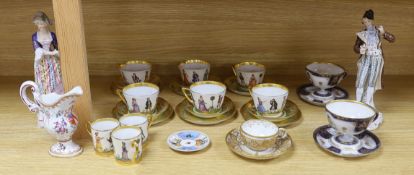 A group of European porcelain tableware to include a pair of figures, Lowestoft jug, Dresden cups