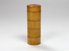A treen apothecary pill tower, each compartment with ink inscribed labels to the interior, 10cm