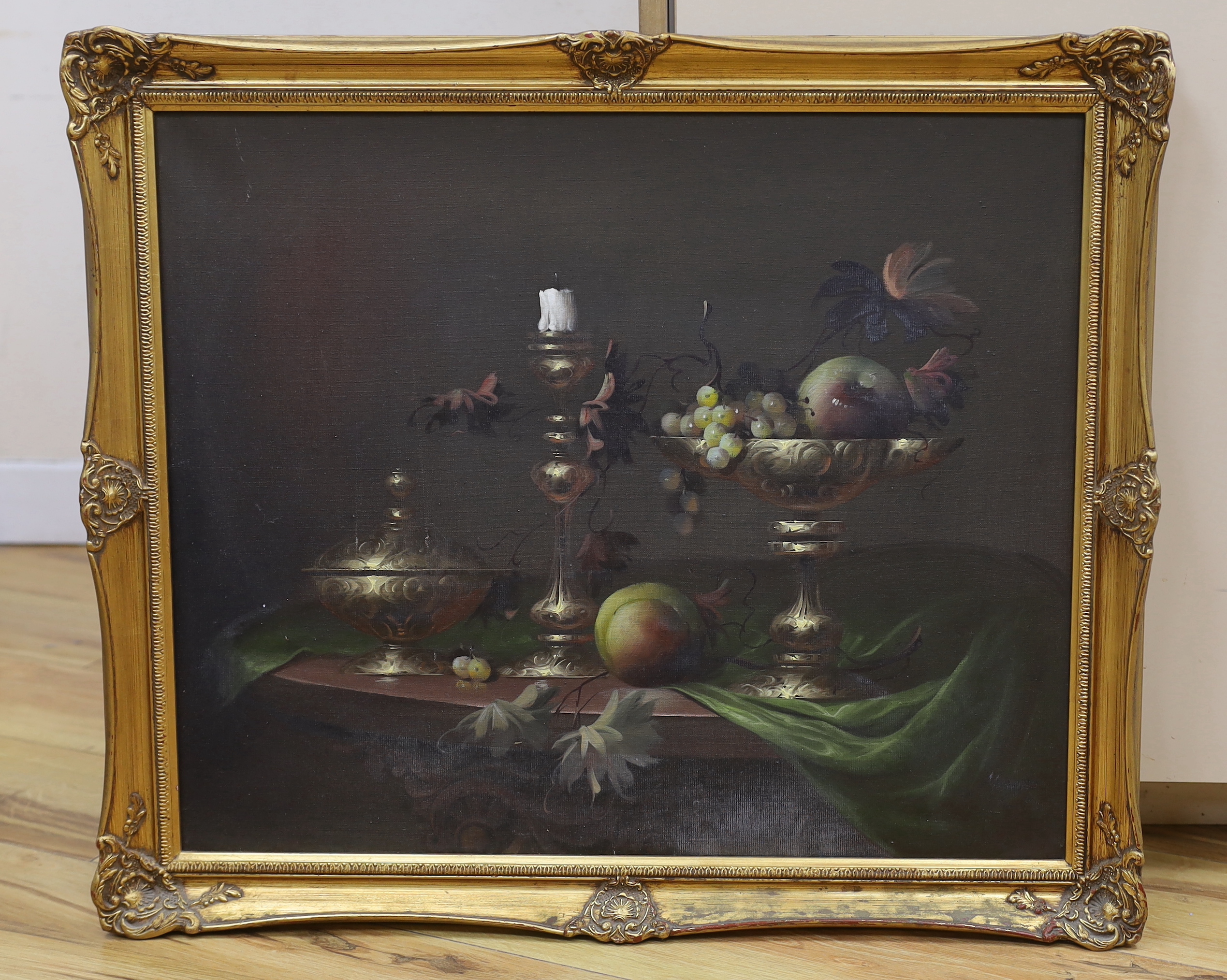József Molnár (Hungarian, b.1939), oil on canvas, Still life of fruit and vessels, 60 x 49cm - Image 2 of 3