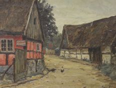 20th century, oil on canvas, Rural scene with cottages, indistinctly signed, 38 x 28cm