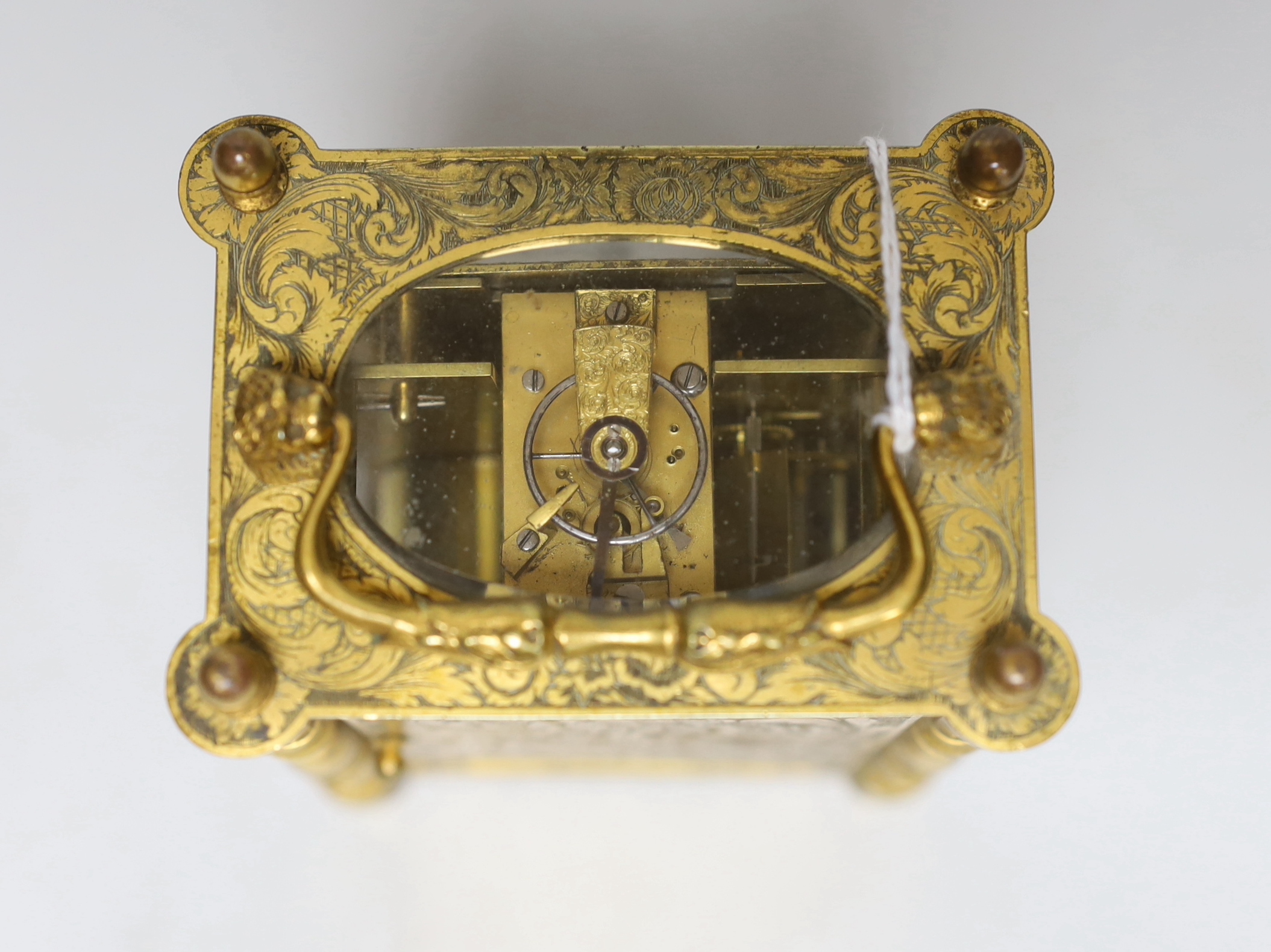 A mid 19th century French engraved gilt brass carriage clock, with tooled leather case, 16cm high - Image 5 of 6