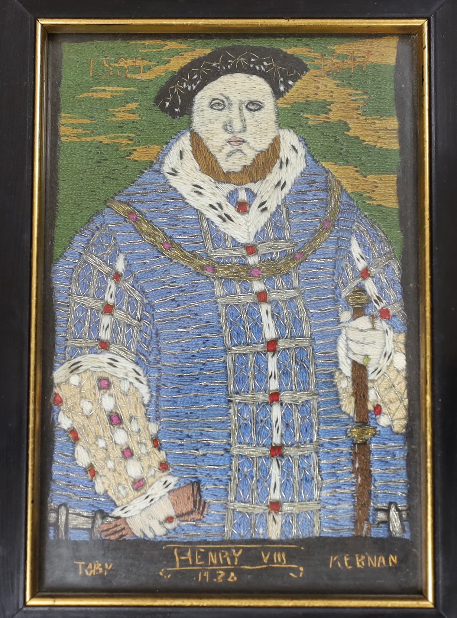 A set of four unusual framed portrait embroideries dated 1930-1931 by Toby Keenan of: Henry VIII, - Image 3 of 5