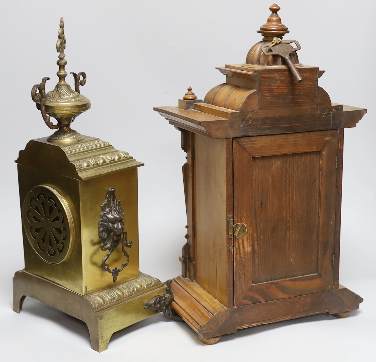 A late 19th century French brass mantle clock and another - Image 2 of 4