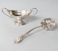 A George III two handled oval silver salt, makers initials CH, London 1791, 77 grams, and a