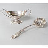 A George III two handled oval silver salt, makers initials CH, London 1791, 77 grams, and a