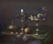 József Molnár (Hungarian, b.1939), oil on canvas, Still life of fruit and vessels, 60 x 49cm