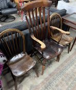 A Victorian elm and beech lathe back Windsor armchair, width 56cm, depth 47cm, height 114cm together