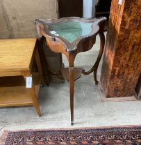 A Victorian mahogany bijouterie table of shaped triangular form, width 52cm, height 74cm