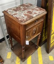 A late 19th century French marble topped walnut bedside cabinet, width 44cm, depth 38cm, height