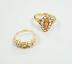 A late Victorian yellow metal, split pearl and coral set marquise shaped ring, size L and a