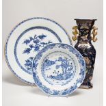 An 18th century Chinese export blue and white charger, a similar soup bowl and a late 19th century