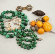 Assorted jewellery including a white metal and micro mosaic brooch, malachite necklace, 9ct and