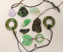 Eight assorted jade and hardstone carvings and pendants, largest 7cm long