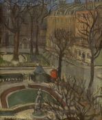 S.E. Barrington-Ward, oil on canvas, Townscape view from an upper storey, signed, 16.5 x 14cm