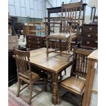 An early 20th century oak draw leaf dining table, width 120cm, depth 106cm, height 76cm together