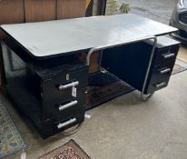 A mid century industrial style kneehole desk, width 152cm, depth 76cm, height 74cm