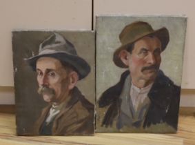 Early 20th century Italian School, two oils on canvas, Gentlemen wearing hats, one with Florence