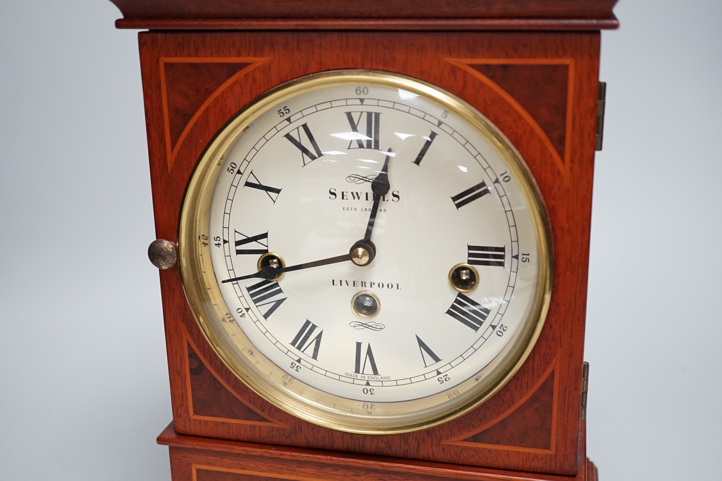 Sewills, Liverpool. An inlaid mantel clock with three train balance escapement movement, chiming - Image 2 of 6