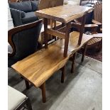 Three provincial style rectangular yew occasional tables, width 76cm, depth 44cm, height 55cm