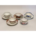 Three 18th century Chinese famille rose tea bowls and matching saucers, a Caughley teabowl and