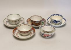 Three 18th century Chinese famille rose tea bowls and matching saucers, a Caughley teabowl and
