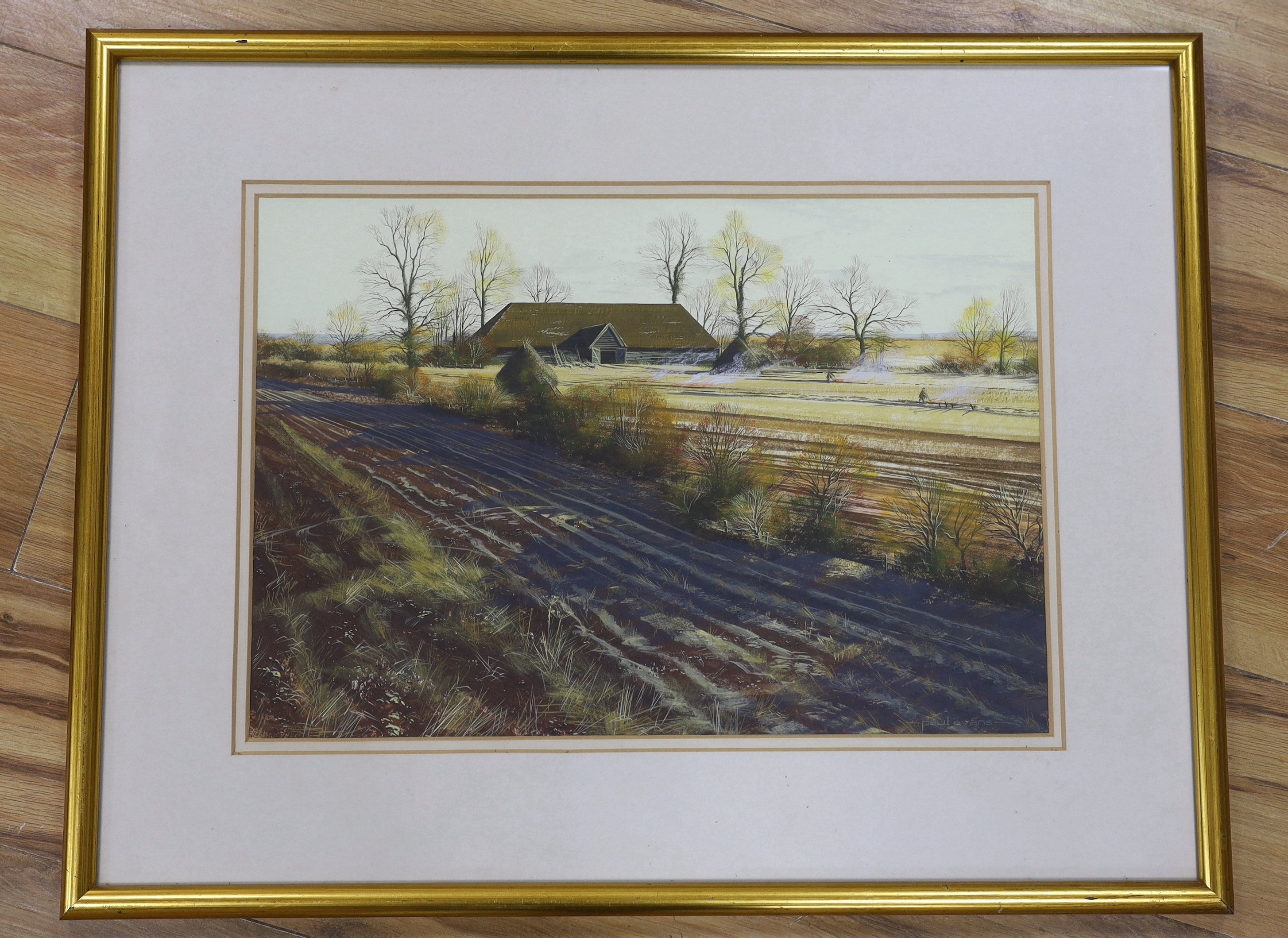 Paul Evans (b.1950) gouache, Threshing barn in autumn landscape, signed, 48.5cm x 33.5cm - Image 2 of 3