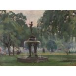 20th century Impressionist oil on canvas laid on board, Figural water fountain before a park, 46 x