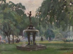 20th century Impressionist oil on canvas laid on board, Figural water fountain before a park, 46 x