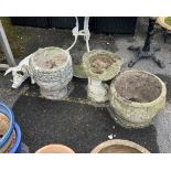 Two reconstituted stone garden planters, larger diameter 40cm, height 30cm, two bird baths and two