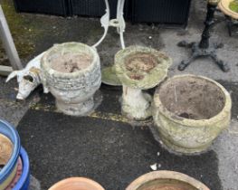 Two reconstituted stone garden planters, larger diameter 40cm, height 30cm, two bird baths and two