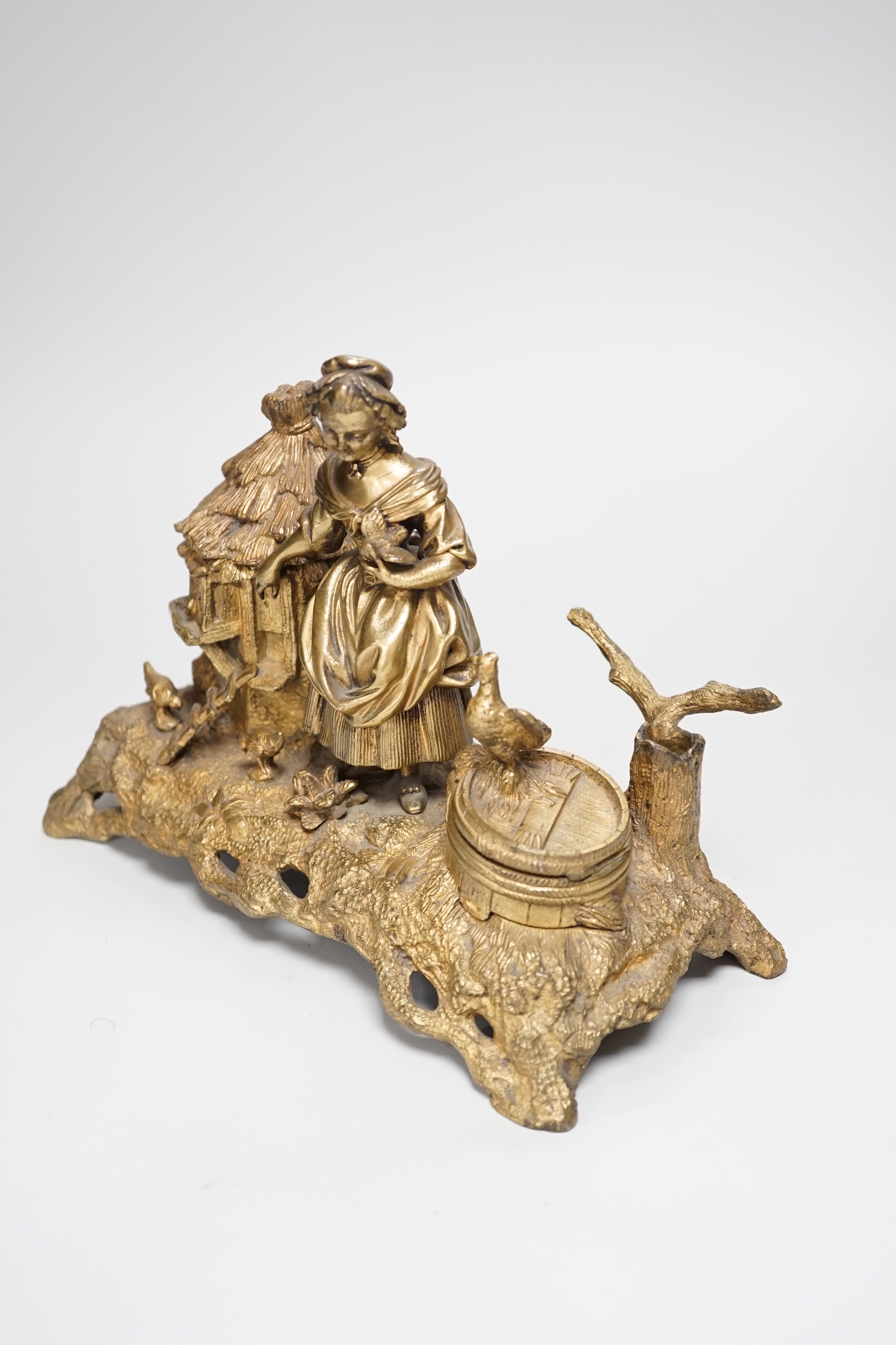 A 19th century gilt bronze inkwell decorated with a farmyard scene and country maiden, 18cm high - Image 3 of 5