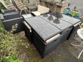 A black all weather rattan rectangular garden table and chair set, width 166cm, depth 109cm,