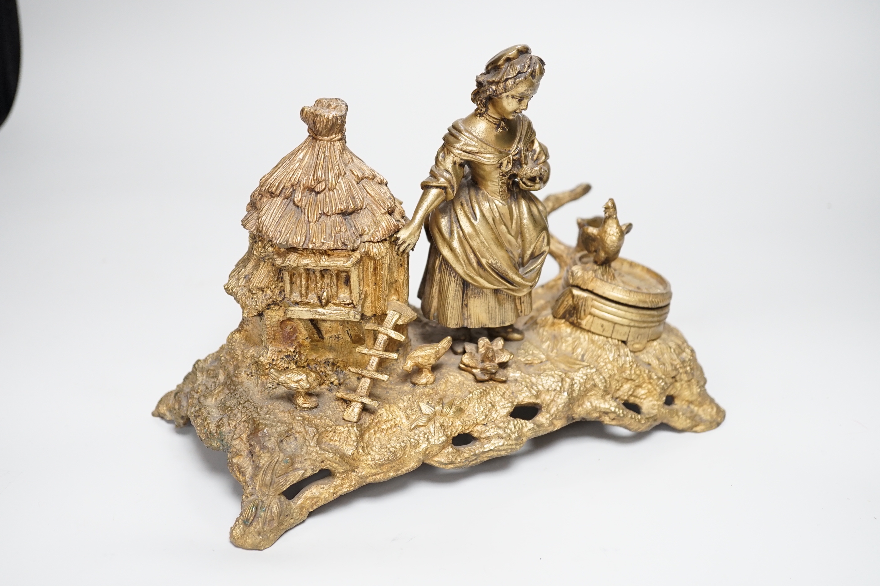 A 19th century gilt bronze inkwell decorated with a farmyard scene and country maiden, 18cm high - Image 5 of 5