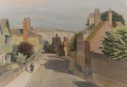 Donald Maxwell (b.1877) local interest watercolour, Lewes street scene, label verso, 30 x 20cm