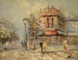 Jones, impasto oil on board, Parisian street scene with figures, signed, 24 x 19cm