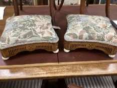 A pair of Victorian parquetry inlaid square foot stools on ceramic ball feet width 29cm.