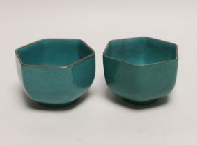 A pair of Chinese Yixing green glazed hexagonal bowls, 6.5cm