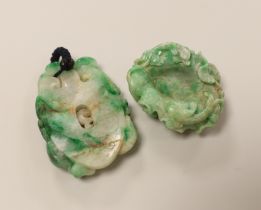 A 19th century Chinese jadeite 'chilong' pendant and a similar brushwasher pendant 7cm long