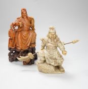 Two Chinese soapstone figures of Confucius and Guan Yu, tallest 26cm high