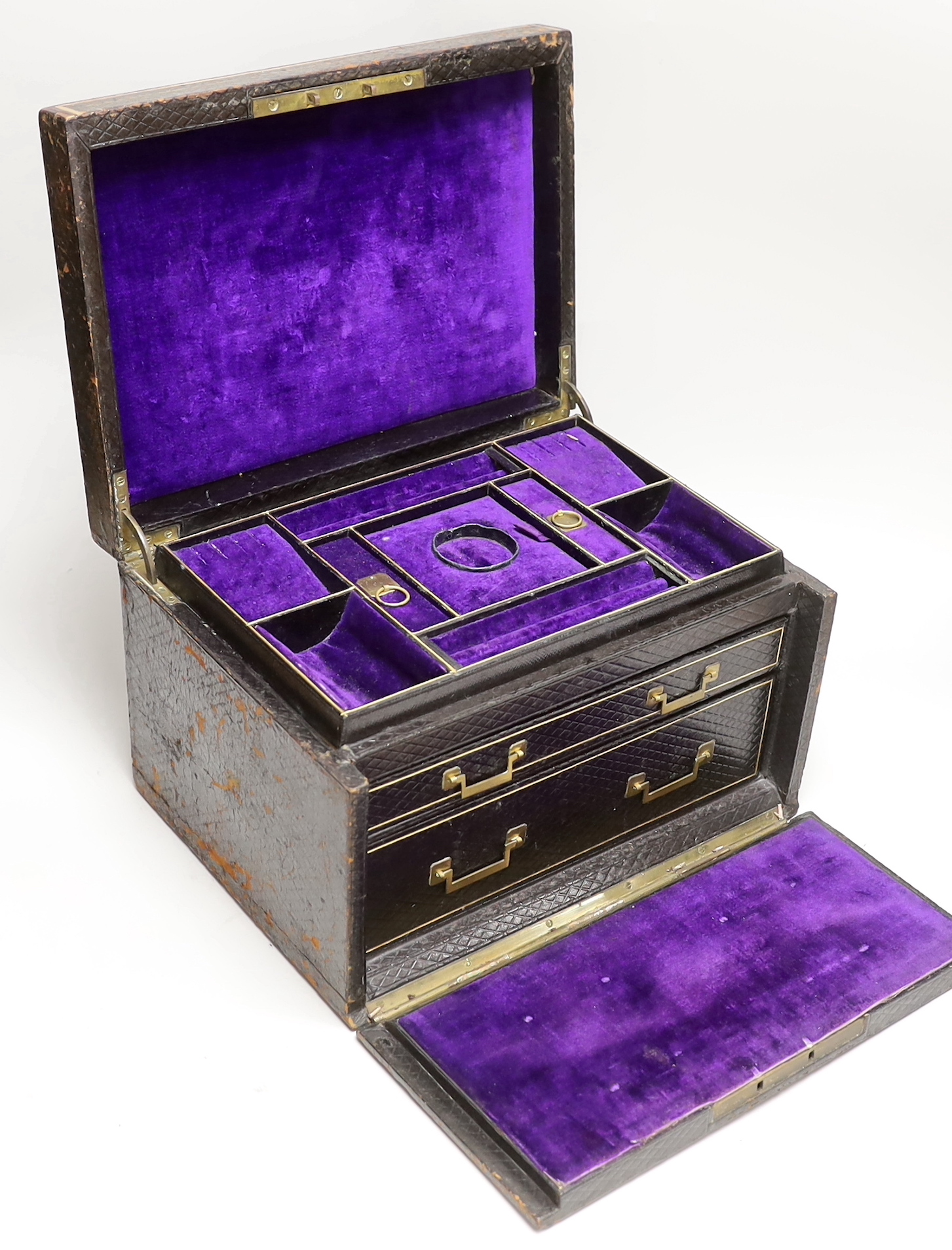 A Victorian Moroccan leather jewellery box, width 30.8cm.