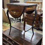 A late Victorian marquetry inlaid rosewood drop flap occasional table, width 47cm, depth 43cm,