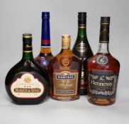 Five bottles of cognac, Armagnac and brandy - 1 litre of Hennessy very special selection exclusive