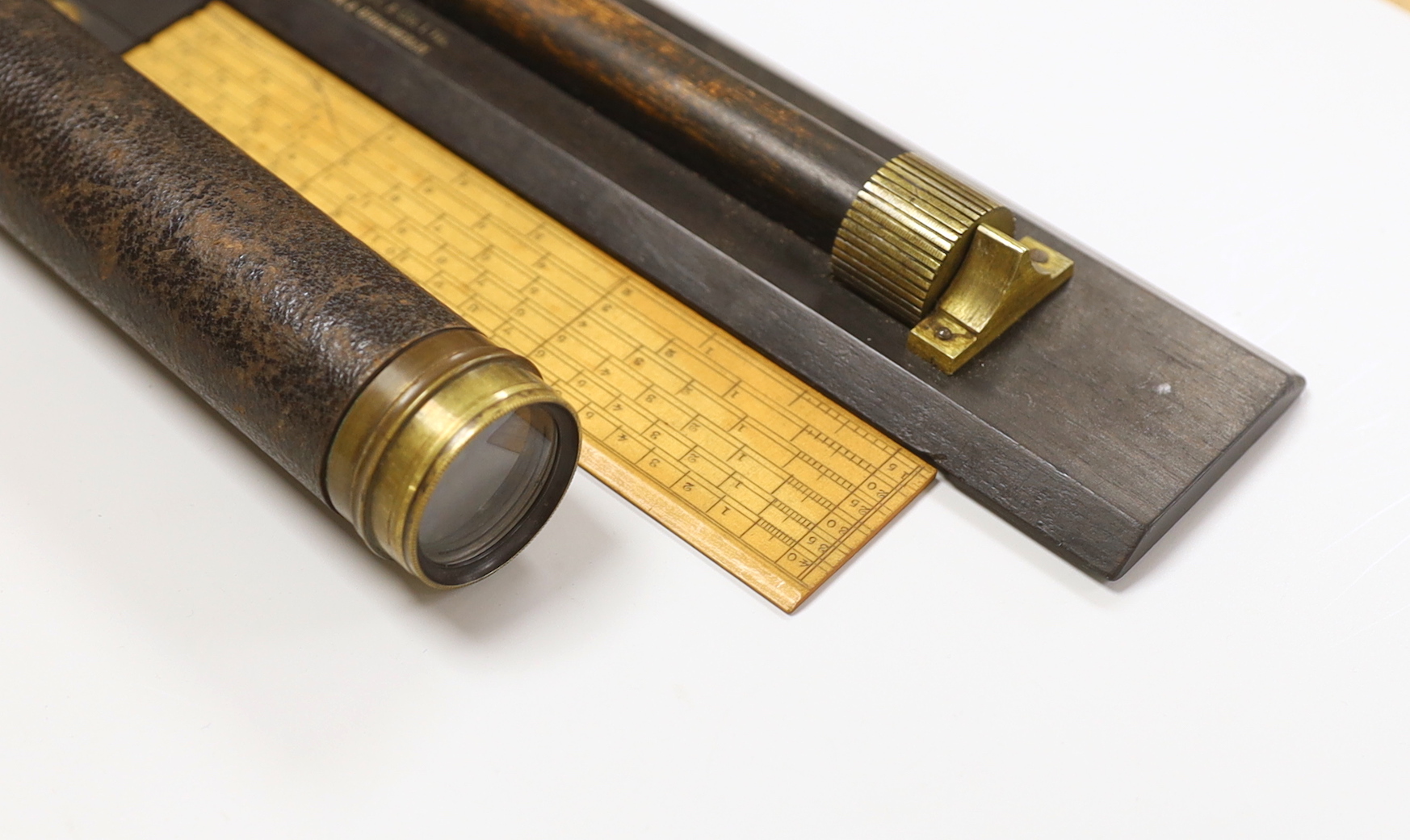 A ruler by B.J. Hall, two others and a three draw telescope, telescope 42 cms fully drawn - Image 3 of 3