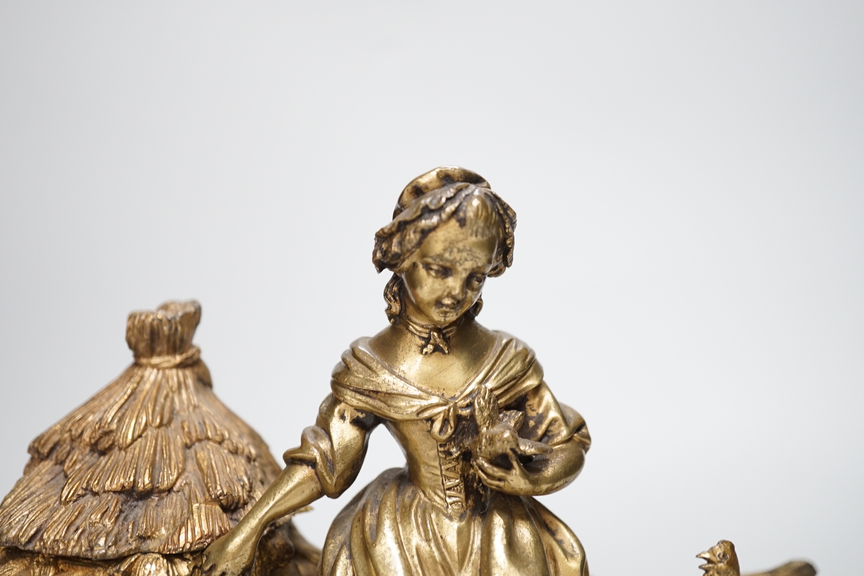 A 19th century gilt bronze inkwell decorated with a farmyard scene and country maiden, 18cm high - Image 2 of 5